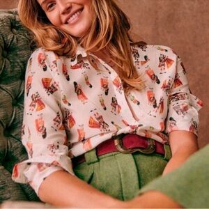 Sezane perro Women's Printed Blouse - Cream with bagpipers print